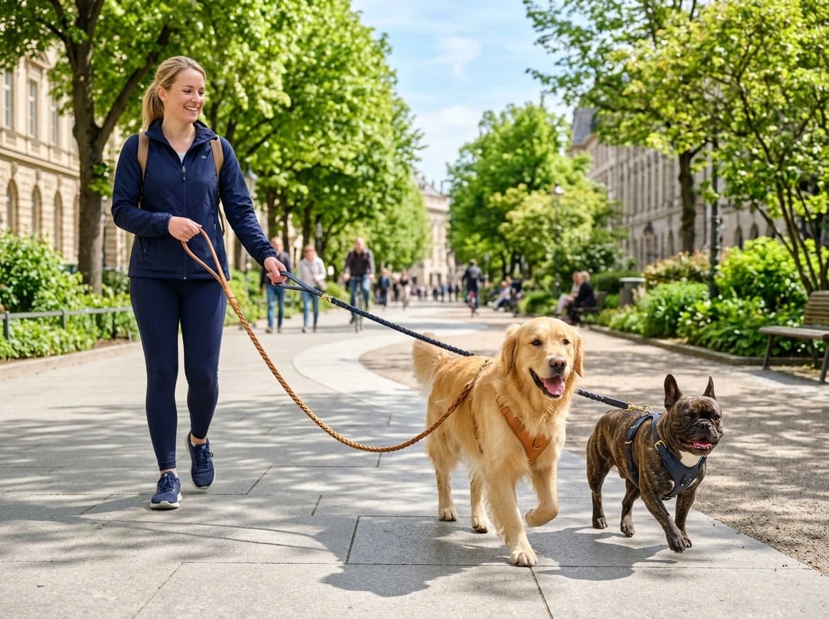 Joyful golden retriever enjoying a sunny walk in an urban park with a professional dog walker