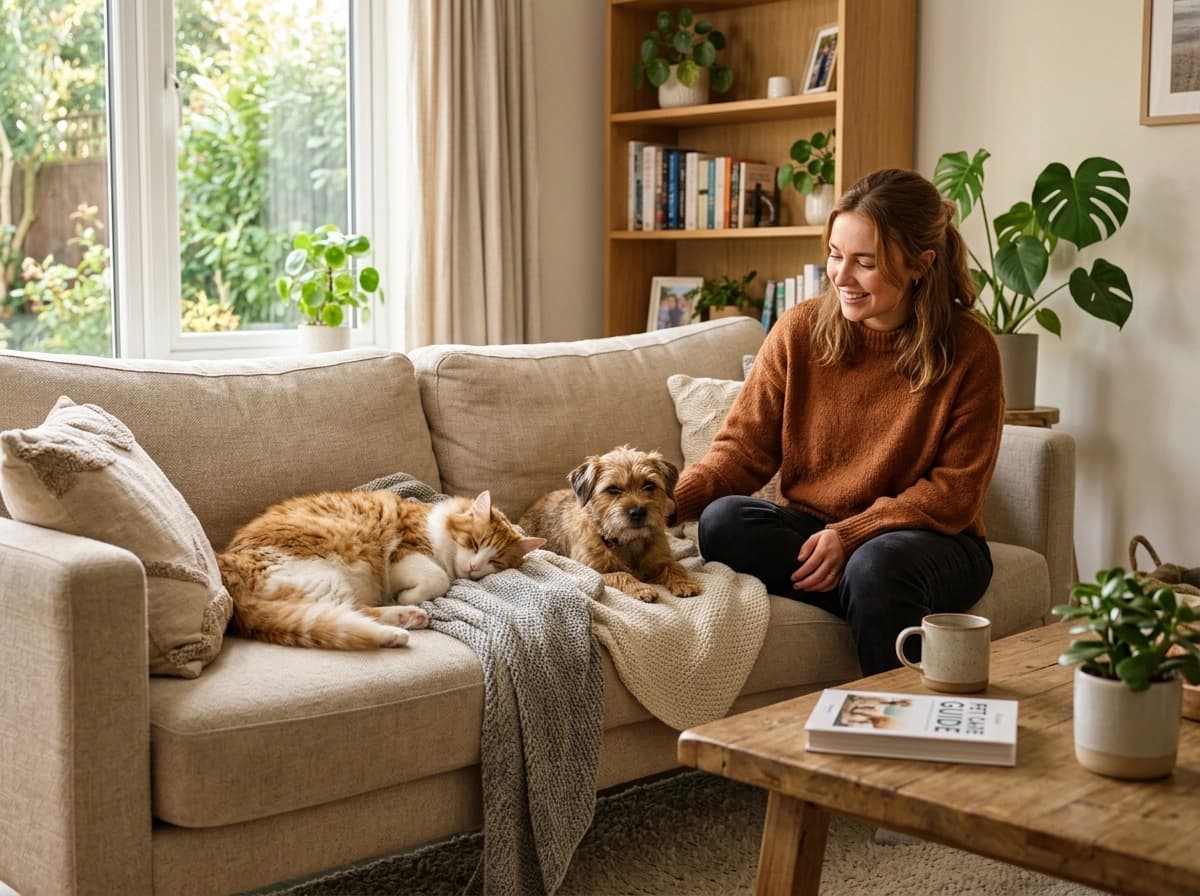 Comfortable fluffy cat relaxing in a sunlit living room with a dedicated pet sitter